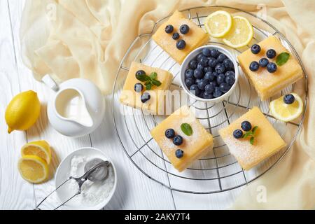 Carrés de pain court au citron fraîchement cuits, recouverts de sucre glace, bleuets frais sur une grille métallique sur une table en bois blanc, plat Banque D'Images