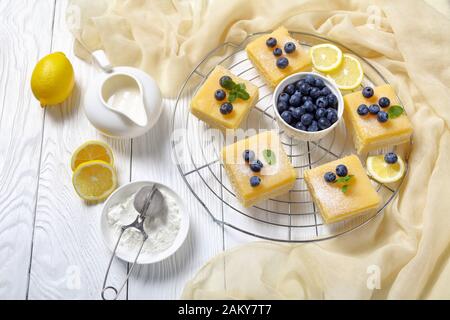 Carrés de pain court au citron fraîchement cuits, recouverts de sucre glace, bleuets frais sur une grille métallique sur une table en bois blanc, vue horizontale de A Banque D'Images