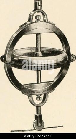 Un traité sur le gyrostatics et mouvement de rotation . Haut acrobatique. GYROSTATICS. CHAP 32. Pour effectuer l'expérience le petit gyrostat est filée rapidement et fittedabove le grand comme décrit ci-dessus. Le système devrait maintenant avoir lieu dans la position verticale (cela peut se faire en maintenant l'image de la petit gyrostat à la main) et donné une impulsein la direction dans laquelle le volant de thelarge gyrostat est en rotation. À condition qu'theflywheels des deux gyrostats tournent dans le même sens que vu du dessus, l'équilibre sera gyrostat thesmall sur le horizontalbar. Une variation de Banque D'Images