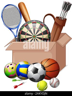 Boîte en carton plein de sport équipements sur fond blanc illustration Illustration de Vecteur