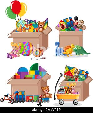 Ensemble de boîtes remplies de jouets sur fond blanc illustration Illustration de Vecteur