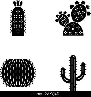 Glyphe de cactus sauvages icons set. La flore du désert. Plantes Succulentes. Les plantes épineuses. Le figuier de barbarie, baril, hedgehog cactus, saguaro. Symboles de Silhouette. Iso vecteur Illustration de Vecteur