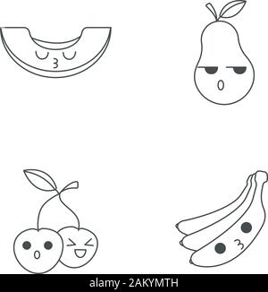 Kawaii cute Fruits caractères linéaires. Les baisers de melon et de poire triste. Professionnels de banane et de cerise. Fine ligne icon set. Vector illustration contour isolé. E Illustration de Vecteur