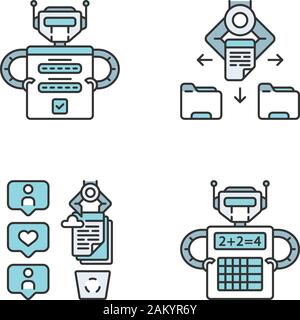 Couleur de l'APR icons set. Avantages de l'automatisation des processus robotisés. Connexion, fichiers et dossiers, données SM le raclage, calcul. Les travailleurs de l'intelligence artificielle. Est Illustration de Vecteur
