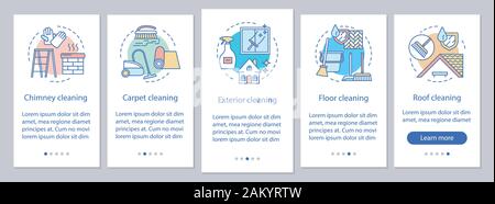 Des services de nettoyage supplémentaire de faire appel à l'écran page d'application mobile, concepts linéaires. Toit, tapis, nettoyage de l'extérieur. Cinq étapes walkthrough instru graphique Illustration de Vecteur