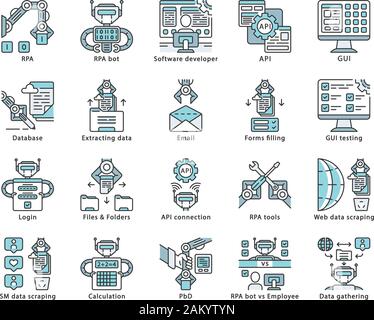 Couleur de l'APR icons set. Automatisation des processus robotisés. La technologie d'automatisation des processus d'écriture. Des robots logiciels. Les travailleurs de l'intelligence artificielle. Automatiser l'adj Illustration de Vecteur
