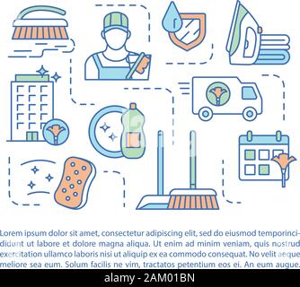 Service de nettoyage l'article de la page Modèle de scénario. Planche et le balayage. Brochure, magazine, brochure de l'élément de conception linéaire avec des icônes et des zones de texte. Prin Illustration de Vecteur