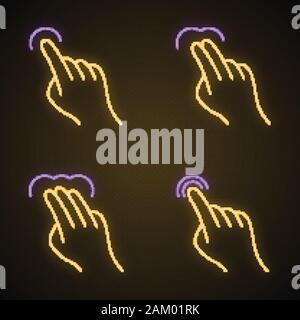 Les gestes de l'écran tactile neon light icons set. Touchez, pointer, cliquer, double-cliquer, glisser, double-cliquez sur les gestes. Touchez et maintenez-le. Les doigts. Les panneaux lumineux. Illustration de Vecteur