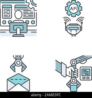 Couleur de l'APR icons set. Automatisation des processus robotisés. La programmation et l'aide de robots. Développeur de logiciel, connexion API, email, PbD. Automatiser les flux de travail. La norme iso Illustration de Vecteur