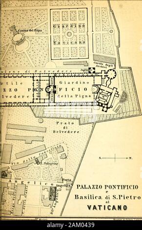 Italie : guide à l'usage des voyageurs. Qf^^^^M ?^^PONTIFICIOBasilira. W Palazzo di S.Pietro¥" ATirCAl Drbea * Wagner®, Leipzig. Piazza di S. Pietro. ROME. C. 8 Banque mondiale. 281 de l'été 2014, a été portée de Héliopolis à Rome par Caligulaand placés dans le Cirque du Vatican, et est le seul monument de thekind à Rome qui n'a jamais été renversé. Sous Sixte V. en 1586 ce grand monument, estimé par Fontana toweigh , environ 500 tonnes a été supprimé sur rouleaux à partir de sa position d'origine,et le 10 sept. érigée sous la direction de Domenico Fonianaon son site actuel. Représentations de thi Banque D'Images