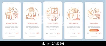 Des services de nettoyage supplémentaire de faire appel à l'écran page d'application mobile, concepts linéaires. Nettoyage extérieur, cheminée. Cinq étapes walkthrough, graphic instructio Illustration de Vecteur