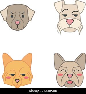 Kawaii cute chiens caractères vectoriels. Les animaux avec smiling muselières. Rire Bouledogue Français. Sourire Mini Schnauzer et spitz allemand. Drôle, emoji emot Illustration de Vecteur