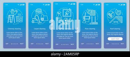 Des services de nettoyage supplémentaire de faire appel à l'écran page d'application mobile modèle de scénario. Toit, tapis, nettoyage de l'extérieur. Procédure pas à pas, site web illu linéaire Illustration de Vecteur