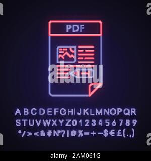 Fichier PDF neon light icône. Portable Document Format. Signe rougeoyant avec alphabet, chiffres et symboles. Vector illustration isolé Illustration de Vecteur