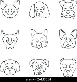 Kawaii cute chiens caractères linéaires. Fine ligne icon set. Rire et Border Collie Bouledogue Français. Clignant de Doberman. Les animaux avec smiling muselières. Vec Illustration de Vecteur