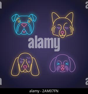 Kawaii cute chiens neon light caractères. Avec les animaux tristes muselières. Spitz Allemand souriant. Drôle, emoji émoticône. Icônes lumineux avec alphabet, numbe Illustration de Vecteur