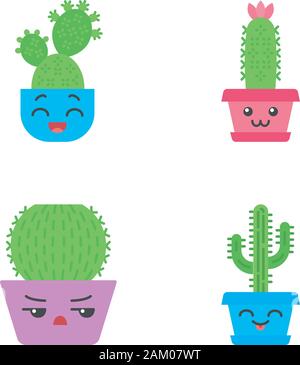 Design plat cactus ombre portée de l'ensemble des icônes de couleur. Les végétaux avec des visages souriants. Saguaro rire et le figuier de barbarie. Hérisson heureux accueil cactus dans des pots. Suc Illustration de Vecteur