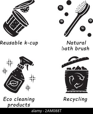 Swaps zéro déchet glyphe fait main icons set. Produits écologiques, matériaux. Le recyclage. Produits de nettoyage écologique, k-cup réutilisables, baignoire naturelle brosse. Sil Illustration de Vecteur