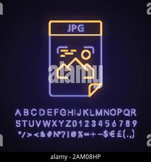 Fichier JPG neon light icône. Format de fichier d'image numérique. Signe rougeoyant avec alphabet, chiffres et symboles. Vector illustration isolé Illustration de Vecteur