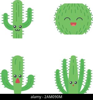 Design plat cactus ombre portée de l'ensemble des icônes de couleur. Les végétaux avec des visages souriants. Cactus baril de rire. Étonné elephant cactus sauvages. Jardin botanique. Illustration de Vecteur