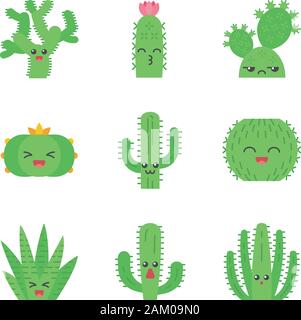 Design plat cactus ombre portée de l'ensemble des icônes de couleur. Les végétaux avec des visages souriants. Rire baril et Peyote cactus. Kissing hedgehog cactus sauvages. Succule Illustration de Vecteur