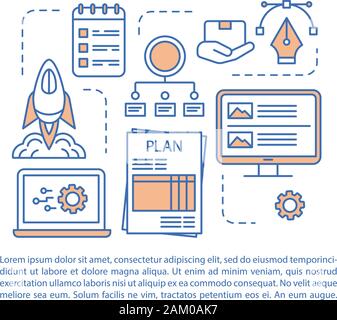Page de l'article création de prototype de modèle de scénario. Plan de démarrage. MVP. Brochure, magazine, brochure de l'élément de conception linéaire avec des icônes et des zones de texte. Imprimer Illustration de Vecteur