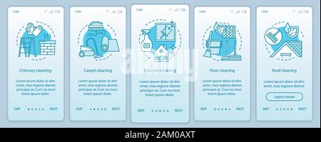 Des services de nettoyage supplémentaire de faire appel à l'écran page d'application mobile, concepts linéaires. Cinq étapes walkthrough instructions graphiques. Toit, tapis, accessoires extérieurs c Illustration de Vecteur
