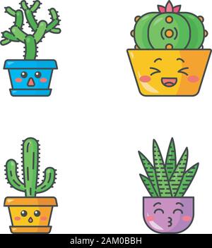 Cactus cute kawaii vector caractères. Les plantes avec des visages tristes. Éléphant feutrée des cactus. Rire Peyote cactus. Kissing zebra accueil cactus. Drôle, emoji e Illustration de Vecteur