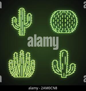 Cactus sauvages neon light icons set. Plantes Succulentes. Collection de cactus. Tuyau d'orgue, Saguaro, cactus géant mexicain et le corps. Les panneaux lumineux. Vector isolat Illustration de Vecteur