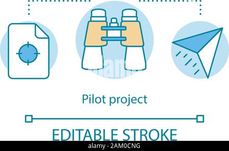 L'icône de concept de projet pilote. Le démarrage. Le démarrage du projet. Avion en papier, la cible, les jumelles. Nouveau lancement de produit idée fine ligne illustration. Isoler le vecteur Illustration de Vecteur