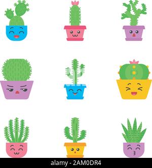 Design plat cactus ombre portée de l'ensemble des icônes de couleur. Les végétaux avec des visages souriants. Rire et Peyote cactus Saguaro. Kissing zebra cactus dans pot. Succulentes Illustration de Vecteur