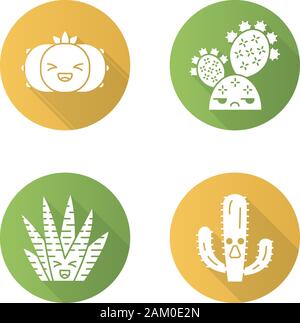 Design plat cactus ombre portée de l'ensemble des icônes de glyphe. Les végétaux avec des visages souriants. Rire et Peyote cactus zebra. Unamused prickly pear cactus sauvages. Suc Illustration de Vecteur