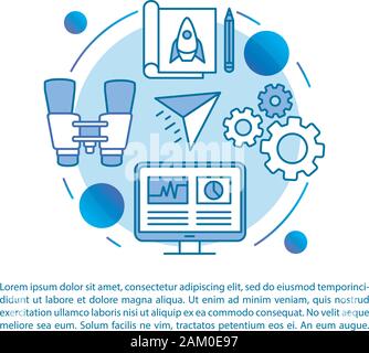 Projet pilote l'article de la page Modèle de scénario. Le démarrage. Lancement du prototype. Brochure, magazine, brochure de l'élément de conception linéaire avec des icônes et des zones de texte. Pr Illustration de Vecteur