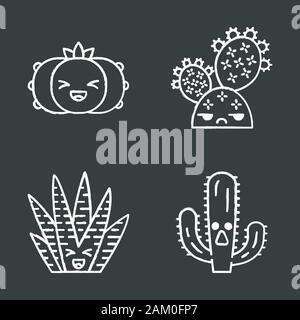 Chalk cactus icons set. Les végétaux avec des visages souriants. Rire et Peyote cactus zebra. Unamused prickly pear cactus sauvages. Jardin botanique. Succulentes Illustration de Vecteur