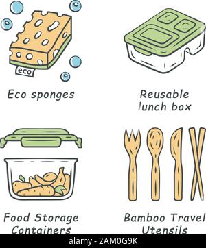 Swaps zéro déchets couleur fait main icons set. Ecologique, durable, bio, produits naturels. Le recyclage des matériaux. Les éponges Eco, boîte à lunch réutilisables, Illustration de Vecteur