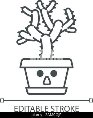 Teddy bear cholla cute kawaii caractère linéaire. Cactus avec étonnement face. Cylindropuntia. Accueil cactus dans pot. Des plantes tropicales. L'icône de la ligne mince. Vector Illustration de Vecteur