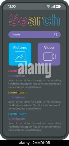 Recherche Internet smartphone interface vector modèle. Page de l'application Mobile black design mise en page. Navigateur, une barre de recherche en ligne écran. L'interface utilisateur pour l'application. Télévision Illustration de Vecteur