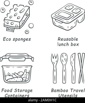 Swaps zéro déchet linéaire fait main icons set. Éco-matériaux. Les éponges Eco, boîte à lunch réutilisables, des contenants pour aliments. Fine ligne contour des symboles. Isola Illustration de Vecteur