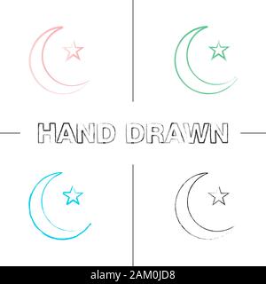 Croissant de lune et étoile hand drawn icons set. Pavillon Ottoman. Ramadan lune. Coup de pinceau de couleur. Illustrations vectorielles sketchy Illustration de Vecteur