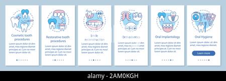 L'intégration des services d'une clinique dentaire mobile app page écran avec des concepts linéaires. Le traitement, la restauration de dents procédure pas à pas instructions graphiques. Illustration de Vecteur
