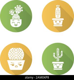 Design plat cactus ombre portée de l'ensemble des icônes de glyphe. Les végétaux avec des visages souriants. Saguaro rire et le figuier de barbarie. Heureux hedgehog cactus. Accueil cactus dans p Illustration de Vecteur