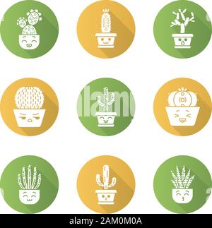 Design plat cactus ombre portée de l'ensemble des icônes de glyphe. Les végétaux avec des visages souriants. Rire et Peyote cactus Saguaro. Kissing zebra cactus. Accueil cactus dans po Illustration de Vecteur