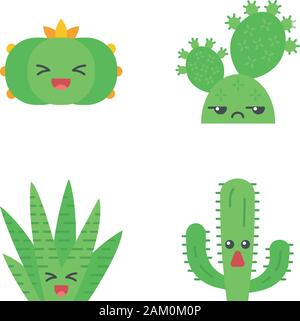 Design plat cactus ombre portée de l'ensemble des icônes de couleur. Les végétaux avec des visages souriants. Rire et Peyote cactus zebra. Unamused prickly pear cactus sauvages. Suc Illustration de Vecteur