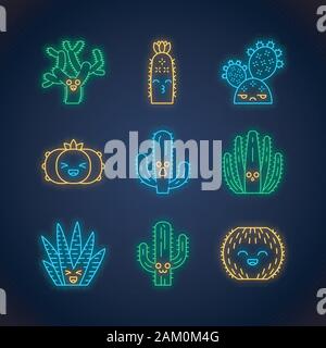 Cactus cute kawaii neon light caractères. Les végétaux avec des visages souriants. Kissing hedgehog cactus. Drôle, emoji émoticône. Icônes lumineux avec alphabet, Illustration de Vecteur