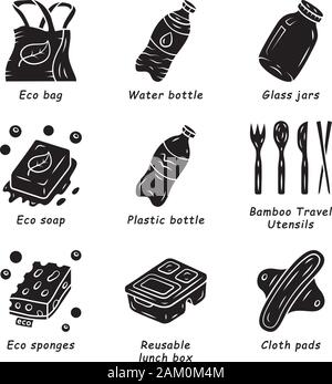 Swaps zéro déchet glyphe fait main icons set. Eco Friendly, recycler les produits, matériaux. Boîte à lunch réutilisables eco, éponges, bouteille en plastique. Silhouette symb Illustration de Vecteur