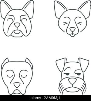 Kawaii cute chiens caractères linéaires. Fine ligne icon set. Schnauzer Mini sourire. Rire Border Collie, Bouledogue Français. Avec les animaux tristes muselières. Vec Illustration de Vecteur