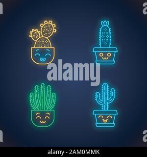 Cactus cute kawaii neon light caractères. Plante avec visage souriant. Heureux hedgehog cactus en pot. Drôle, emoji émoticône. Icônes lumineux avec alphab Illustration de Vecteur