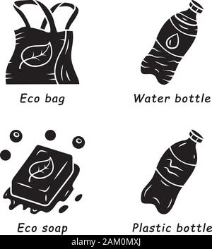 Swaps zéro déchet glyphe fait main icons set. Ecologique, produits, matériaux réutilisables. Bouteille d'eau en plastique, savon eco, votre panier. Symbole Silhouette Illustration de Vecteur