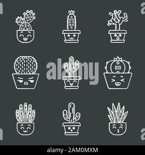 Chalk cactus icons set. Les végétaux avec des visages souriants. Rire et Peyote cactus Saguaro. Kissing zebra cactus. Accueil cactus en pots. Les plantes succulentes. Est Illustration de Vecteur