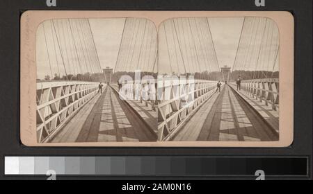 Pont suspendu, Niagara (vue de dessus) comprend six vues colorés à la main. Robert Dennis Collection de vues stéréoscopiques. Certains points de vue ont un timbre apposé. Titre conçu par cataloger. Vue sur les chutes du Niagara sans attribution ou titre de la série. Vues de Niagara Falls : chutes, rapides, Table Rock, vues d'hiver, ponts, Terrepin Tower, hôtels, les touristes se faisant passer par des chutes, une seule vue de prospect point avec deux chaises vides ; y compris les funambules Blondin sur son dos, baissant la tête à l'envers, et une vue sur des bateaux amarrés à la berge, au-delà de la ville. ; Suspension Bridge, Niagara [top view]. Banque D'Images